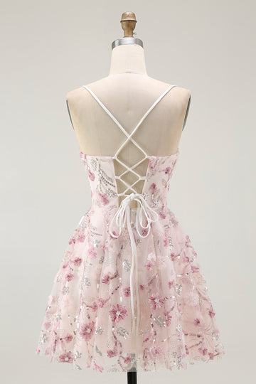 Pink Floral Sequins A Line Short Homecoming Dress with Lace Up Back